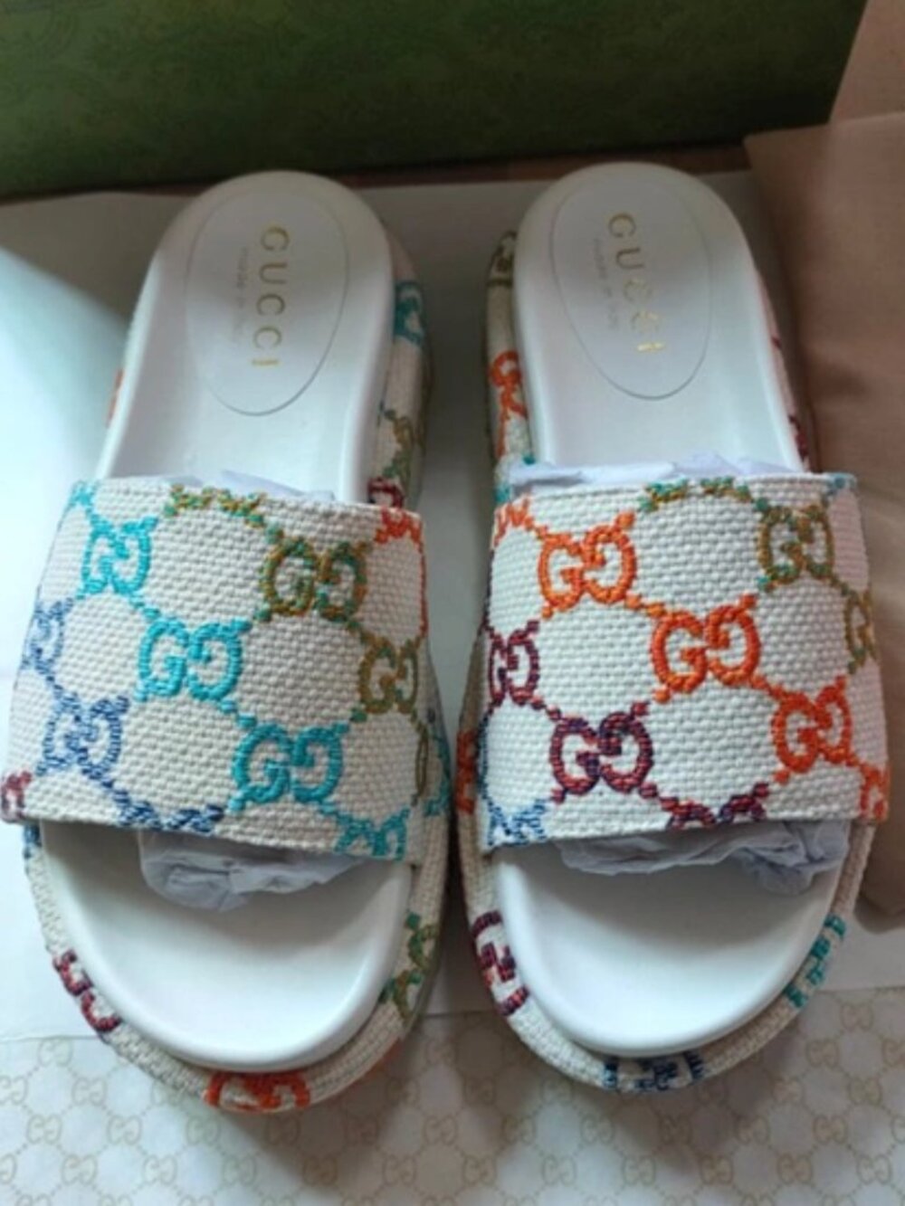 Gucci Multicolor GG Monogram Platform Slide Sandals